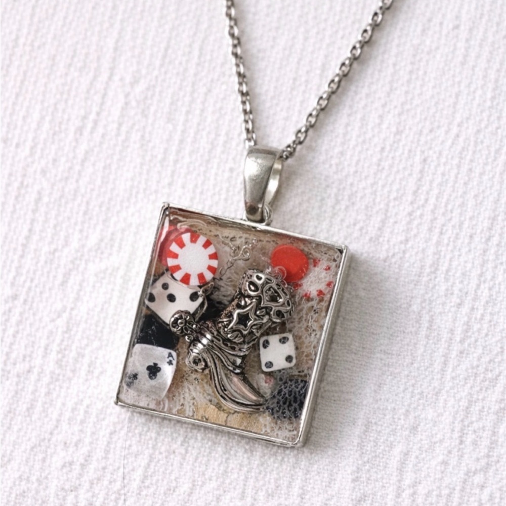 Silver-Tone Square Charm Pendant Necklace with Red and White Accents